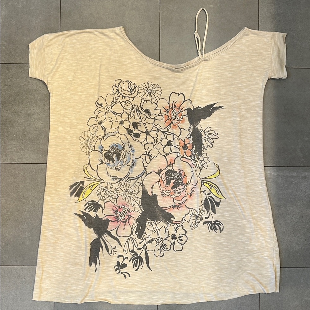 We The Free Cream Short-Sleeve Tee with Floral & Bird Graphic